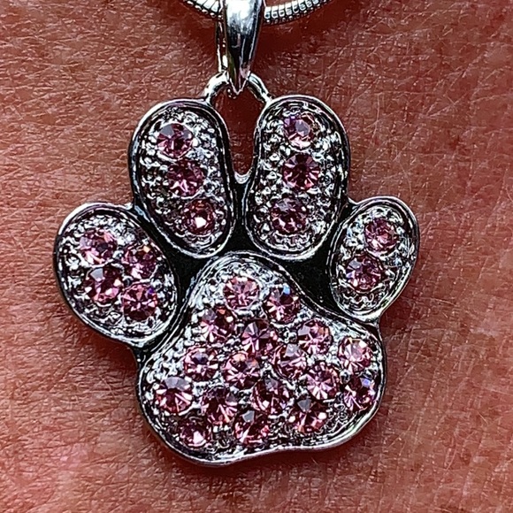 New Rhodium Plated Paw Necklace with Pink Crystals - Picture 4 of 6